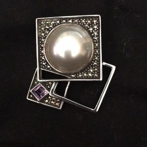 Judith Jacks Marcasite Pearl Amethyst Brooch